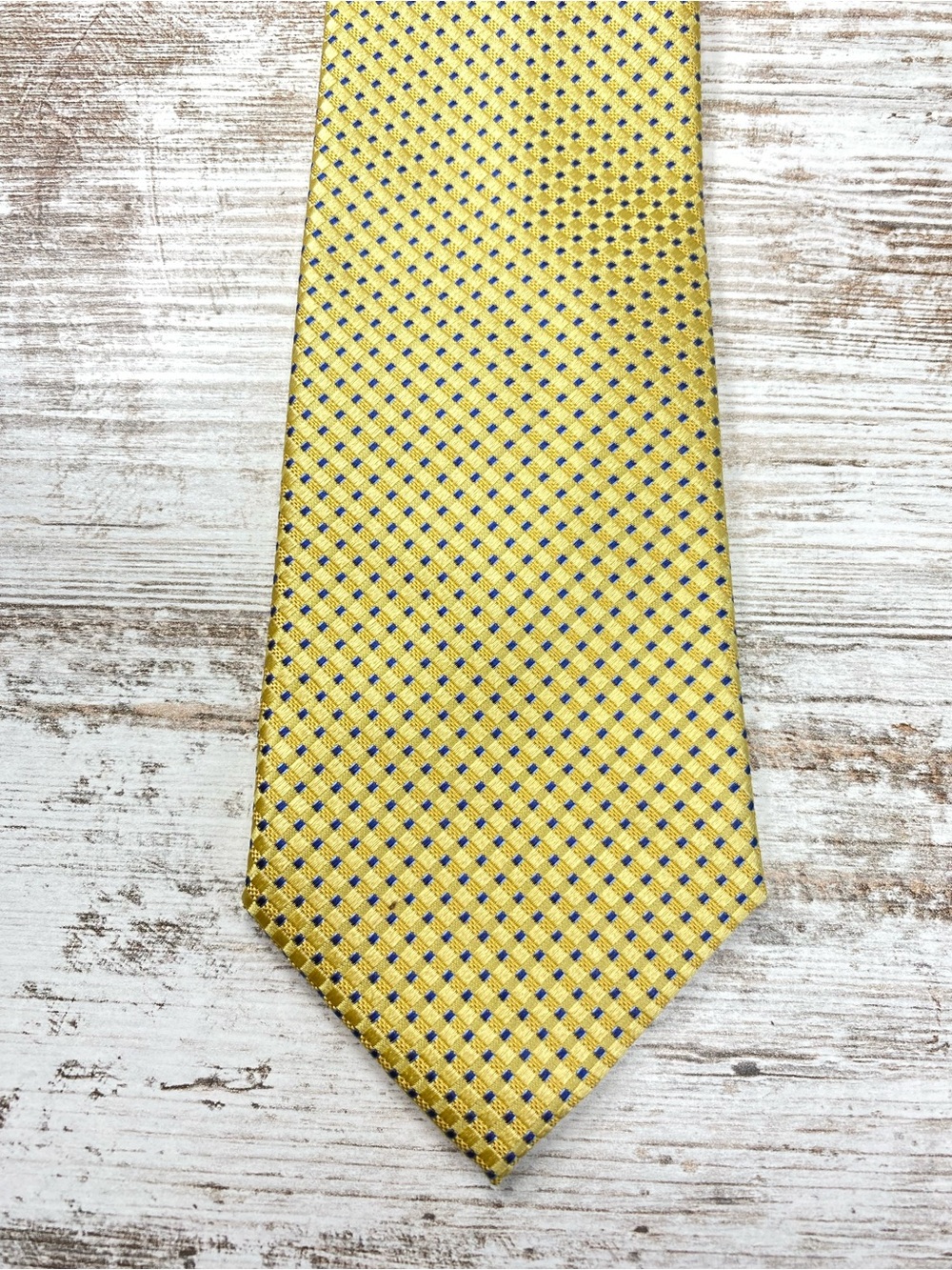 Vintage 100% Silk Handmade Tie Yellow Gold Blue Geometric Lattice 59”